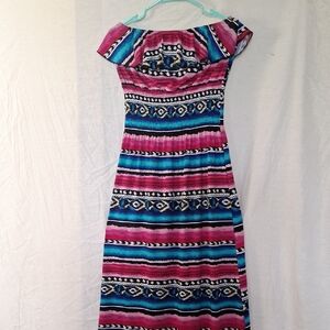 Feathers Boho Off-Shoulder Maxi Dress in Pink and Blue Stripes, Sz 6, NWOT